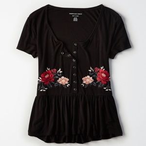 american eagle henley top with embroidered flowers